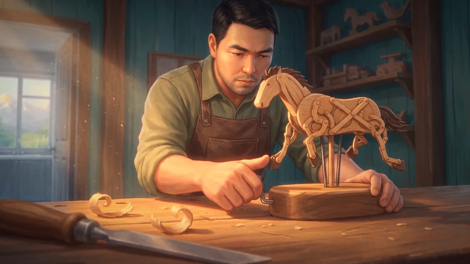 The father carves a mechanical horse