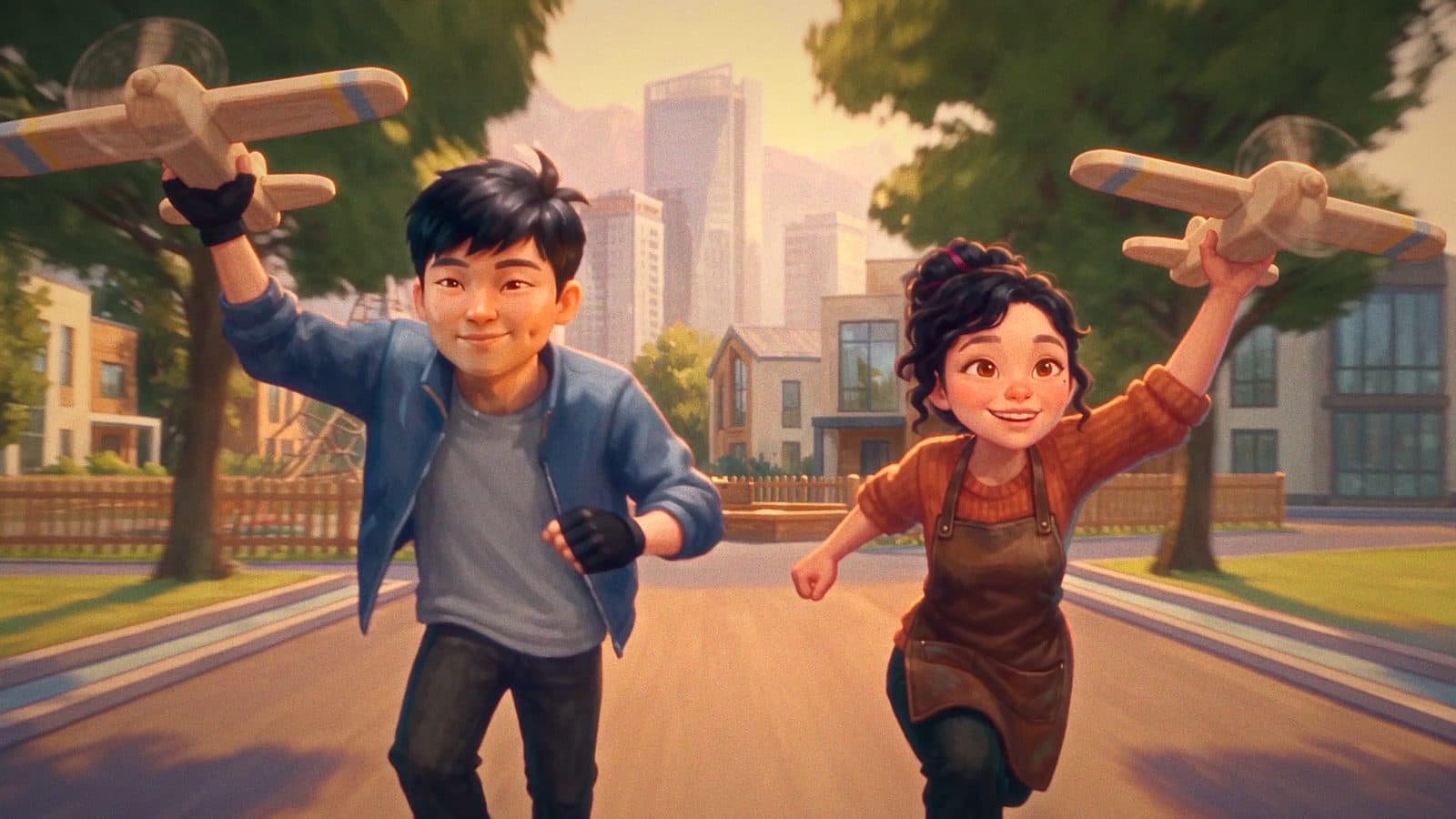 Grown-up Ailin and Timur with wooden airplanes