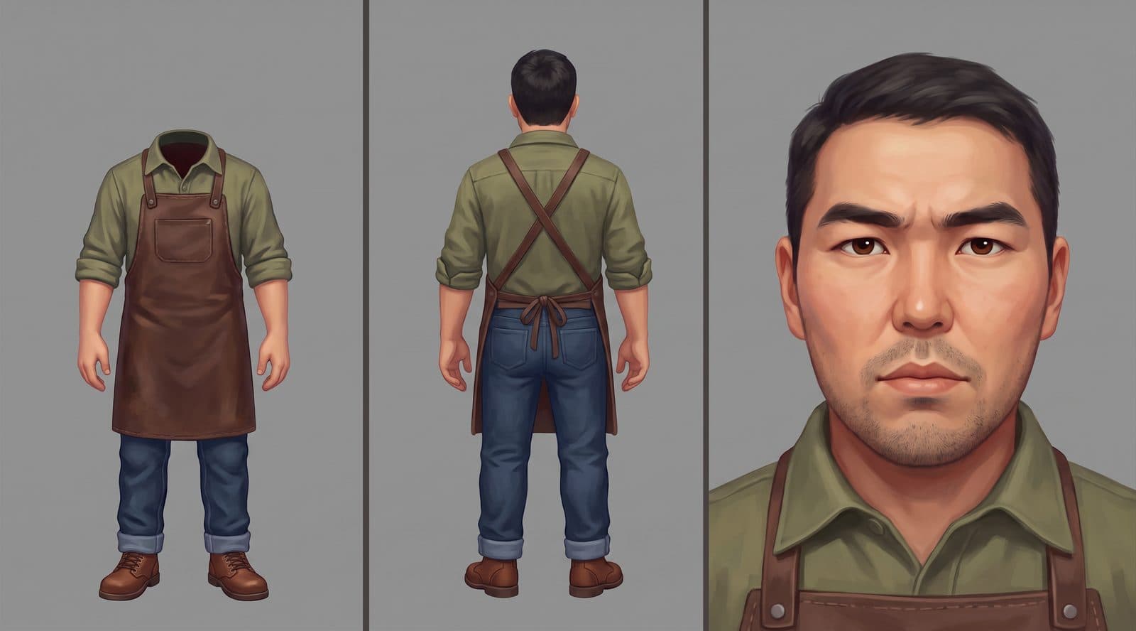 Character sheet: Arman, the father, in his workshop