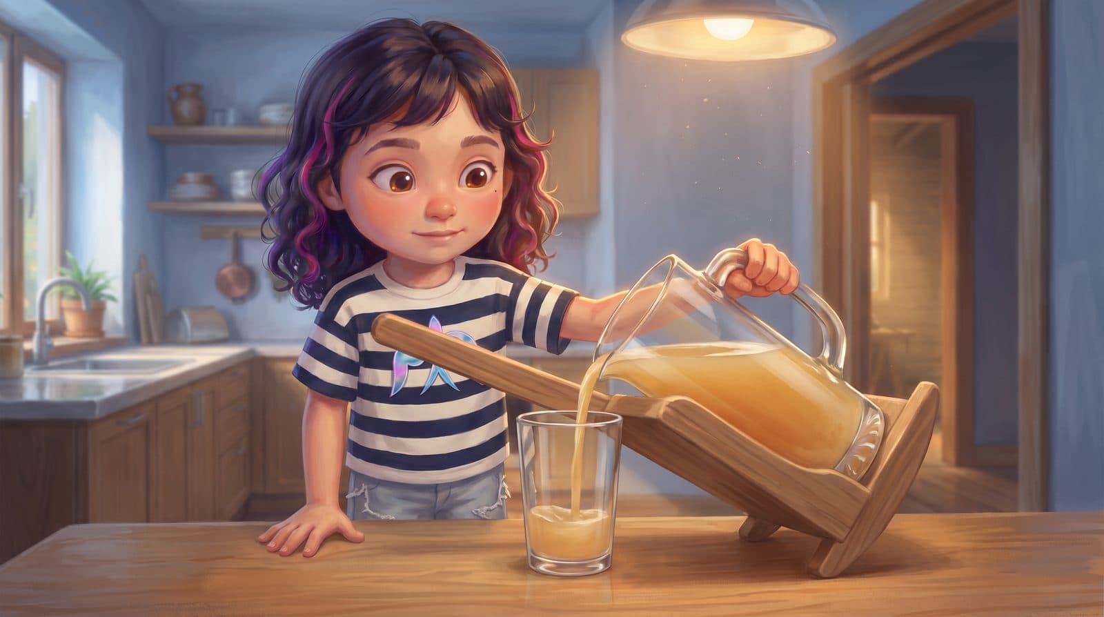 Keyframe: Ailin pours juice herself from the jug in her father's cradle