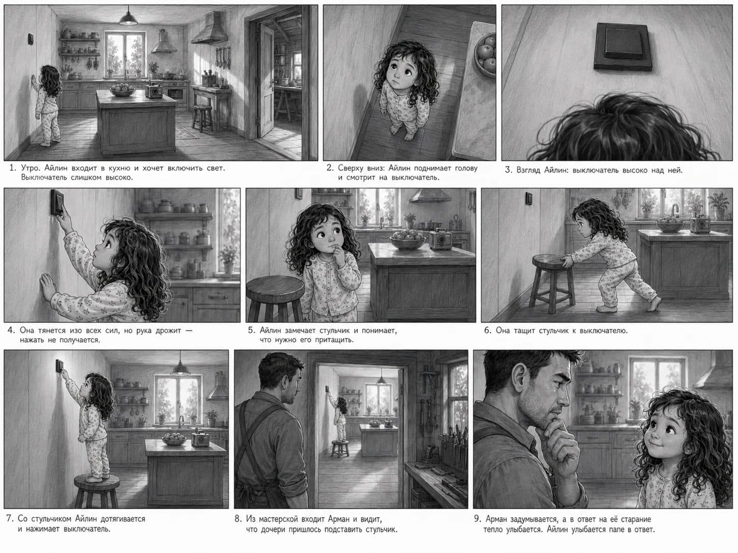 Storyboard of the light-switch scene: nine panels before the first generation