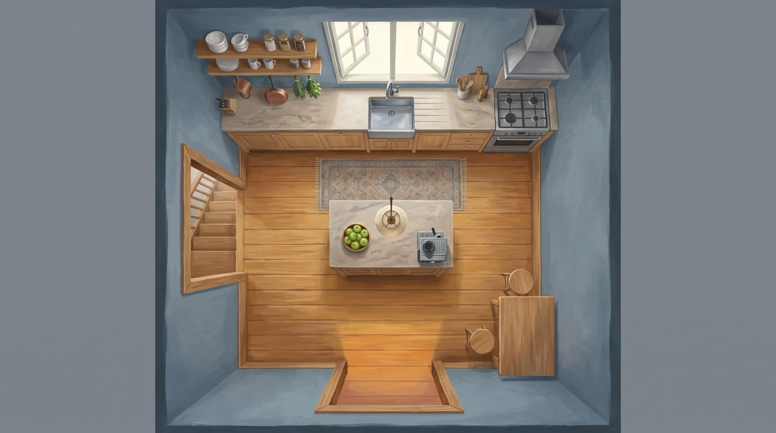 Kitchen top-down — the plan every angle was built from