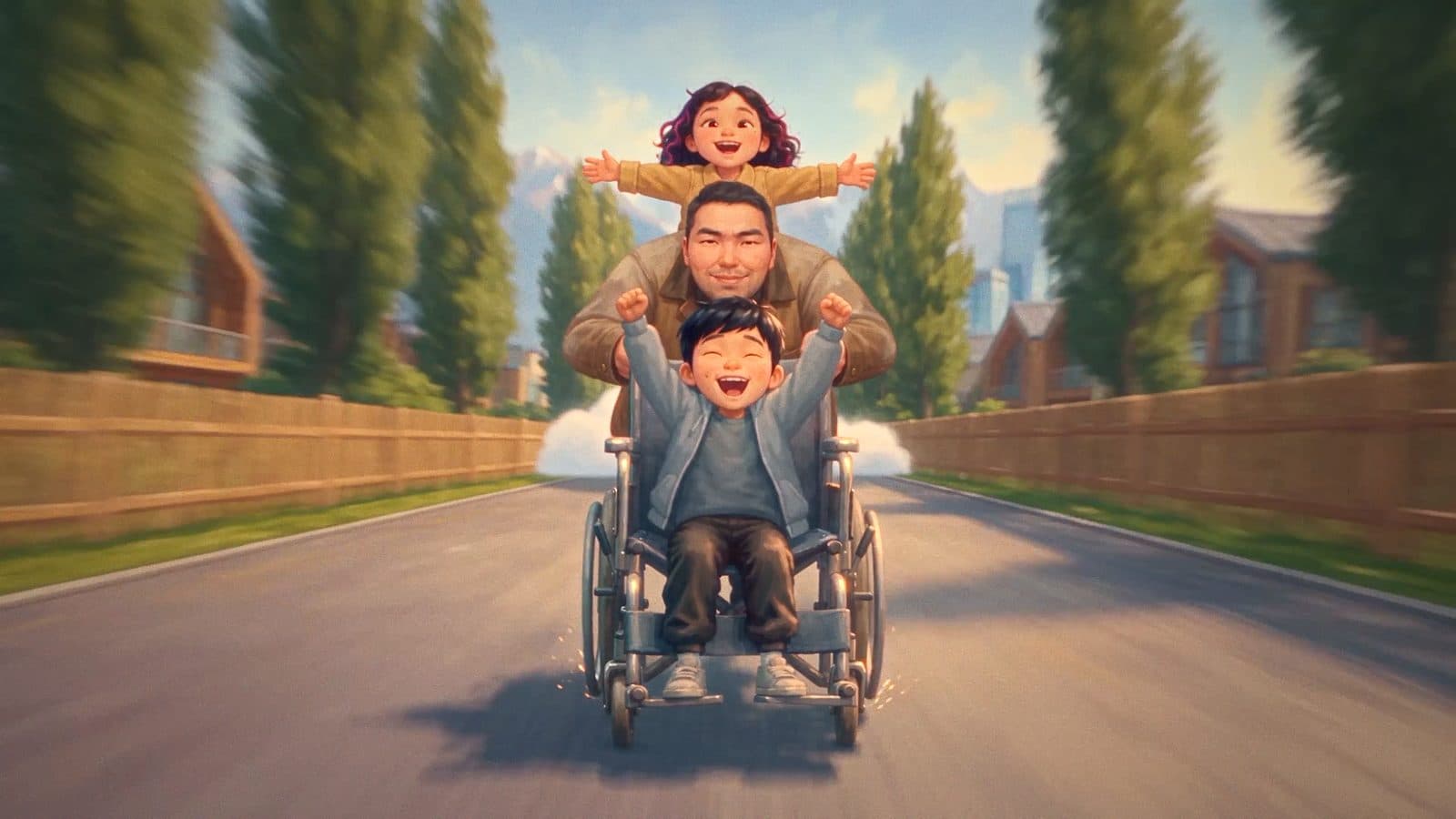Running with Timur's wheelchair, Ailin on her father's shoulders