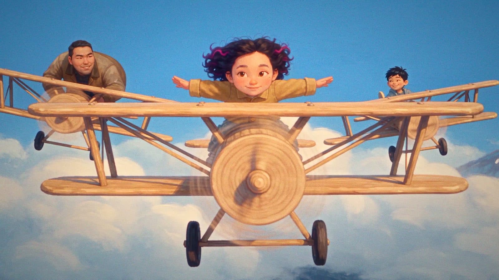 Daydream: a wooden biplane above the clouds