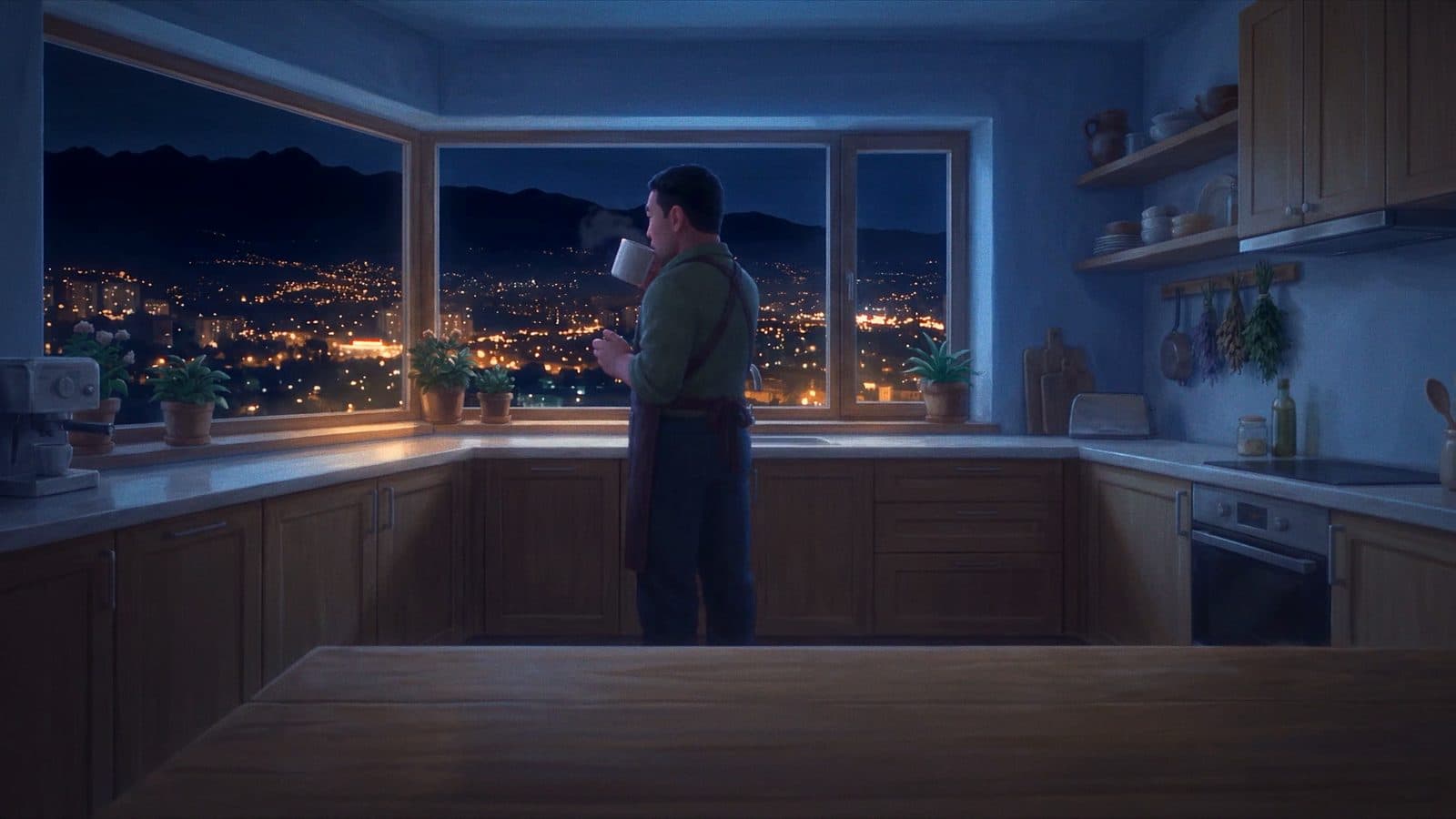 Night: the father at the window, the lights of Almaty